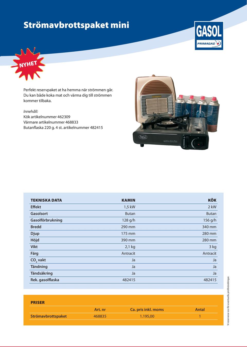 Innehåll: Kök artikelnummer 462309 Värmare artikelnummer 468833 Butanflaska 220 g. 4 st.