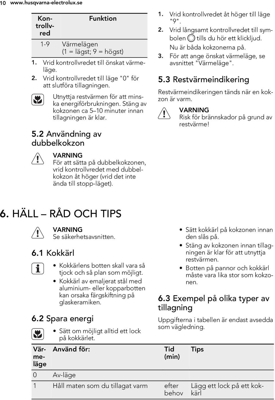 10 minuter innan tillagningen är klar. 5.2 Användning av dubbelkokzon För att sätta på dubbelkokzonen, vrid kontrollvredet med dubbelkokzon åt höger (vrid det inte ända till stopp-läget). 1.