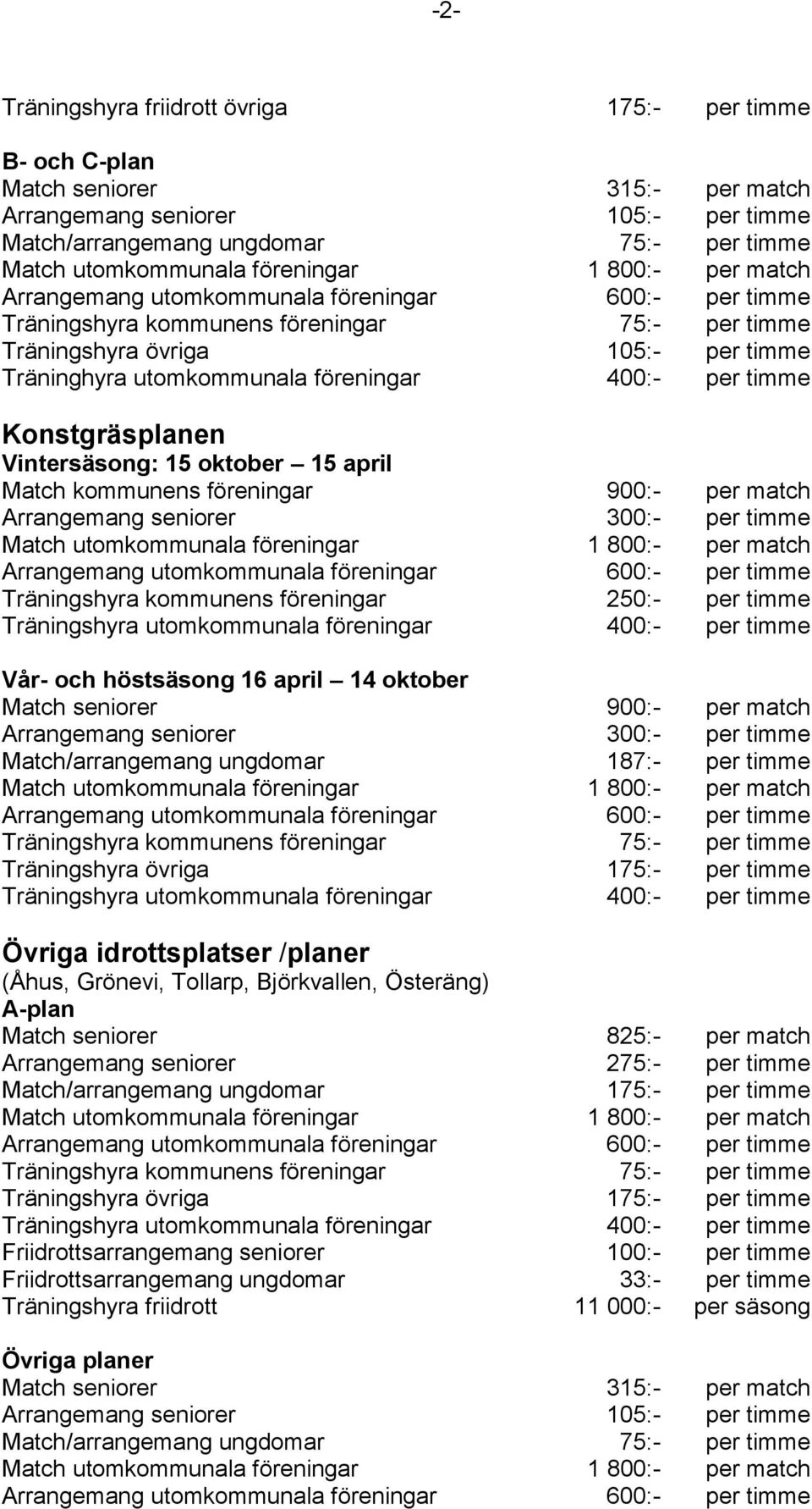 Träningshyra utomkommunala föreningar 400:- Vår- och höstsäsong 16 april 14 oktober Match seniorer 900:- Arrangemang seniorer 300:- Match/arrangemang ungdomar 187:- Träningshyra kommunens föreningar