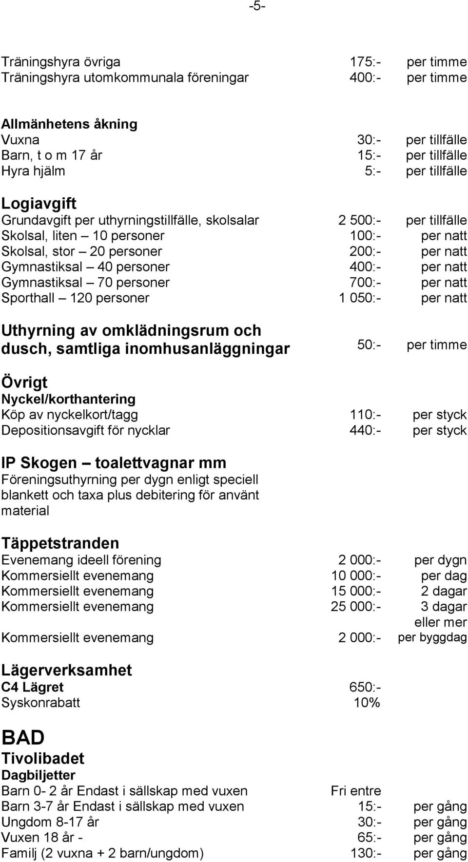 Gymnastiksal 70 personer 700:- per natt Sporthall 120 personer 1 050:- per natt Uthyrning av omklädningsrum och dusch, samtliga inomhusanläggningar 50:- Övrigt Nyckel/korthantering Köp av