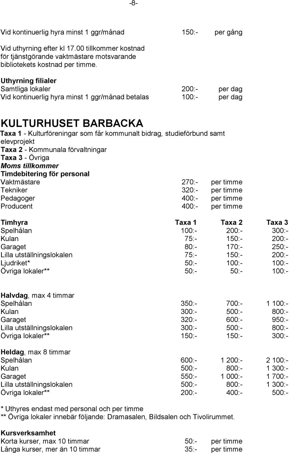 samt elevprojekt Taxa 2 - Kommunala förvaltningar Taxa 3 - Övriga Moms tillkommer Timdebitering för personal Vaktmästare 270:- Tekniker 320:- Pedagoger 400:- Producent 400:- Timhyra Taxa 1 Taxa 2