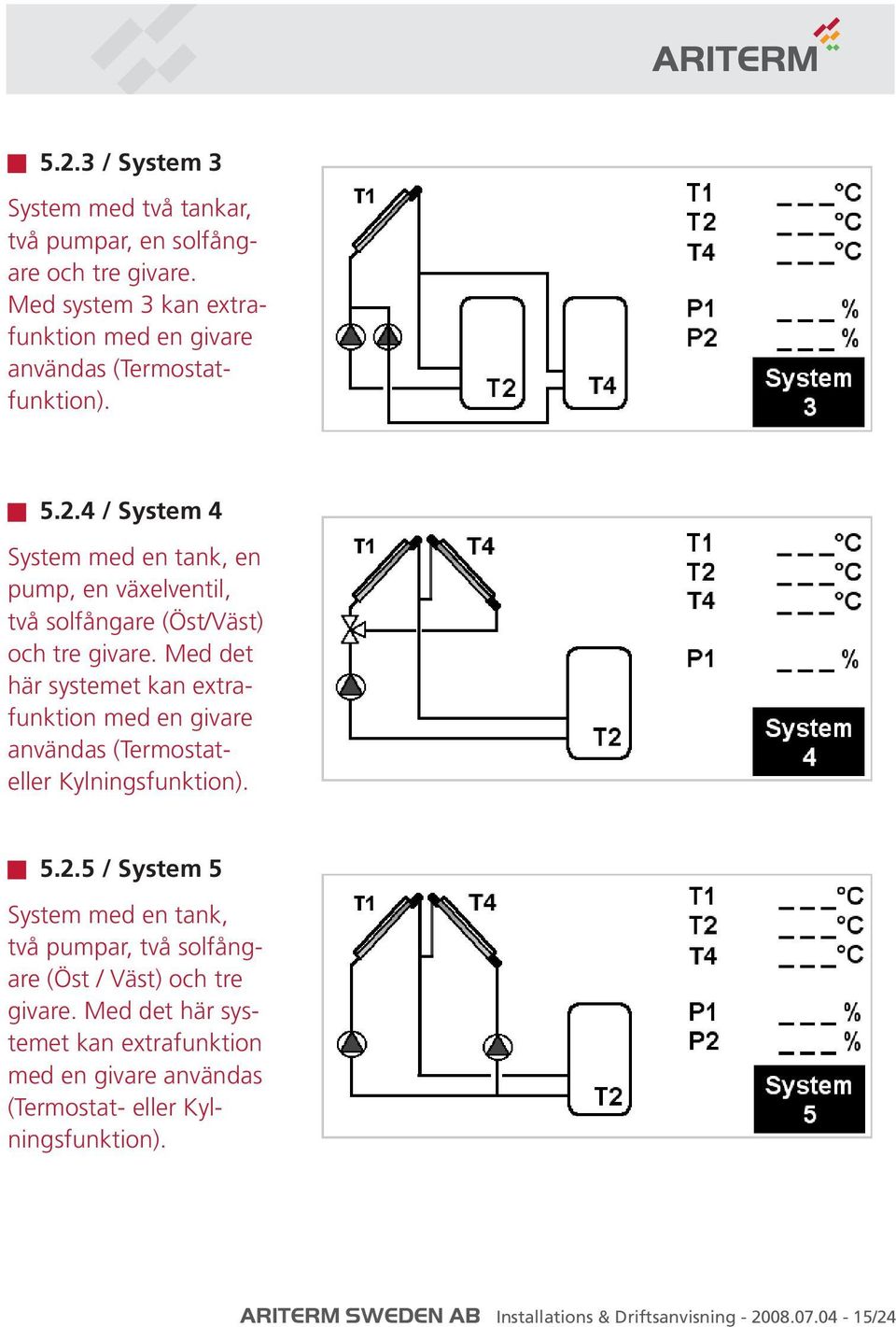 4 / System 4 System med en tank, en pump, en växelventil, två solfångare (Öst/Väst) och tre givare.