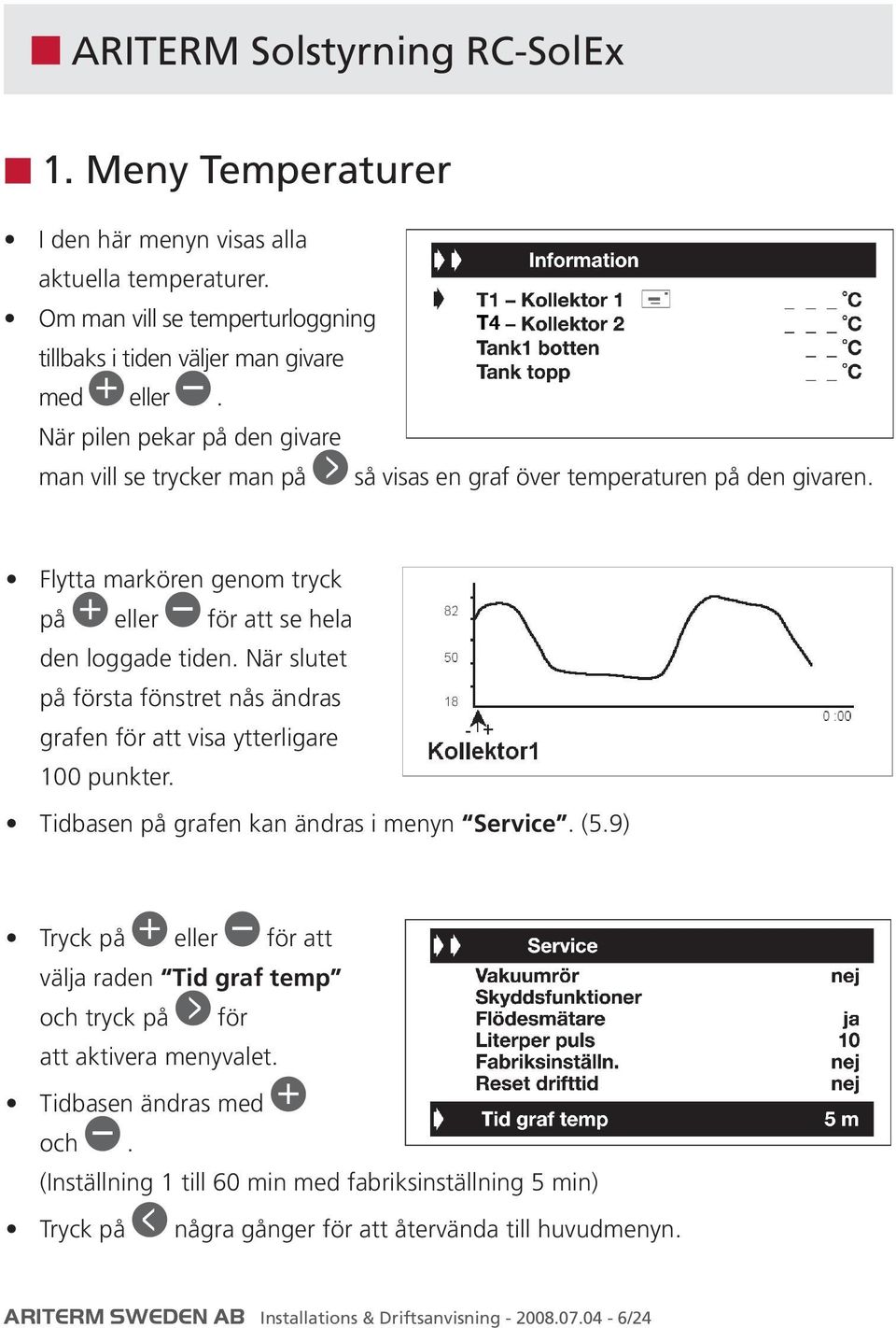 När slutet på första fönstret nås ändras grafen för att visa ytterligare 100 punkter. Tidbasen på grafen kan ändras i menyn Service. (5.