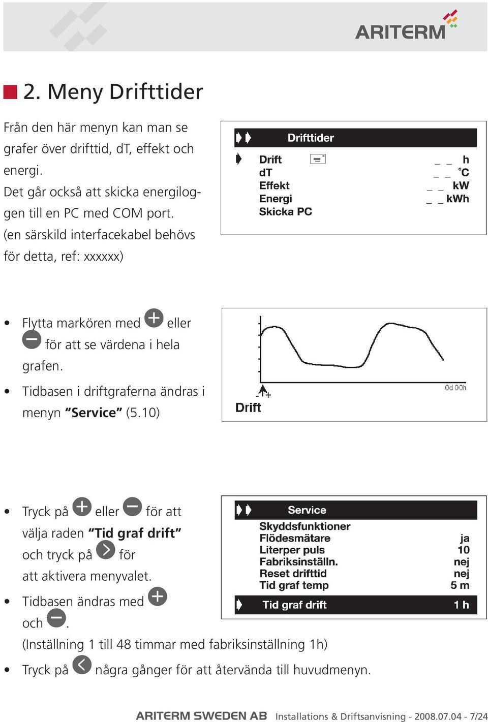 Tidbasen i driftgraferna ändras i menyn Service (5.10) Tryck på eller för att välja raden Tid graf drift och tryck på för att aktivera menyvalet.