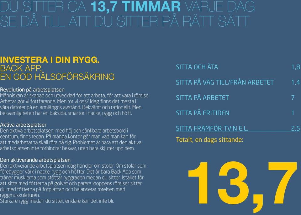 Idag finns det mesta i våra datorer på en armlängds avstånd. Bekvämt och rationellt. Men bekvämligheten har en baksida, smärtor i nacke, rygg och höft.