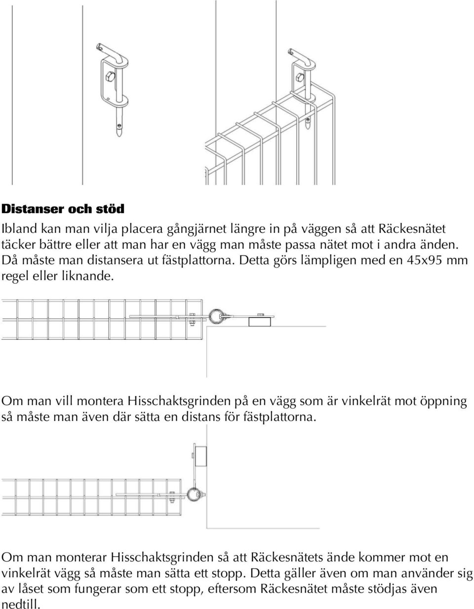 Om man vill montera Hisschaktsgrinden på en vägg som är vinkelrät mot öppning så måste man även där sätta en distans för fästplattorna.