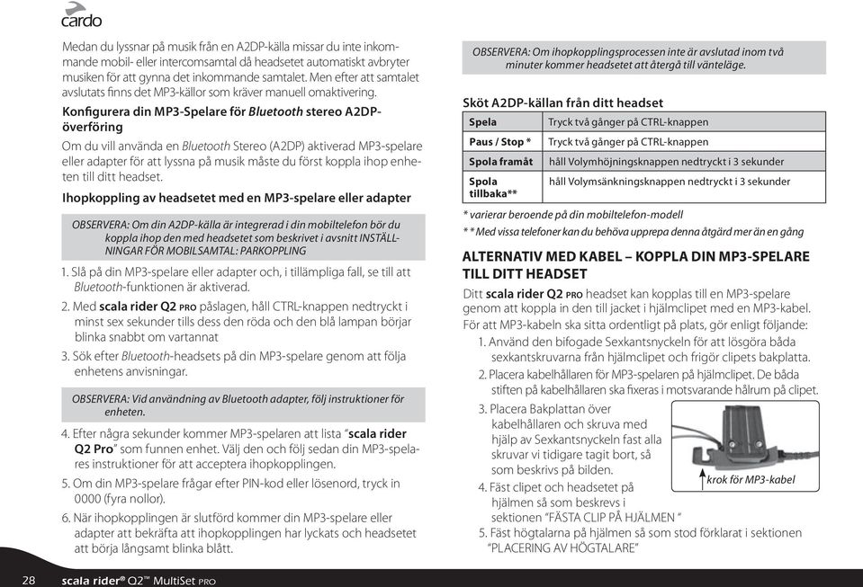 Konfigurera din MP3-Spelare för Bluetooth stereo A2DPöverföring Om du vill använda en Bluetooth Stereo (A2DP) aktiverad MP3-spelare eller adapter för att lyssna på musik måste du först koppla ihop