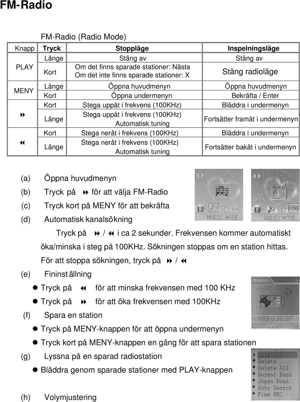 Automatisk tuning Fortsä tter framå t i undermenyn Kort Stega nerå t i frekvens (100KHz) Blä ddra i undermenyn Lä nge Stega nerå t i frekvens (100KHz) Automatisk tuning Fortsä tter bakå t i