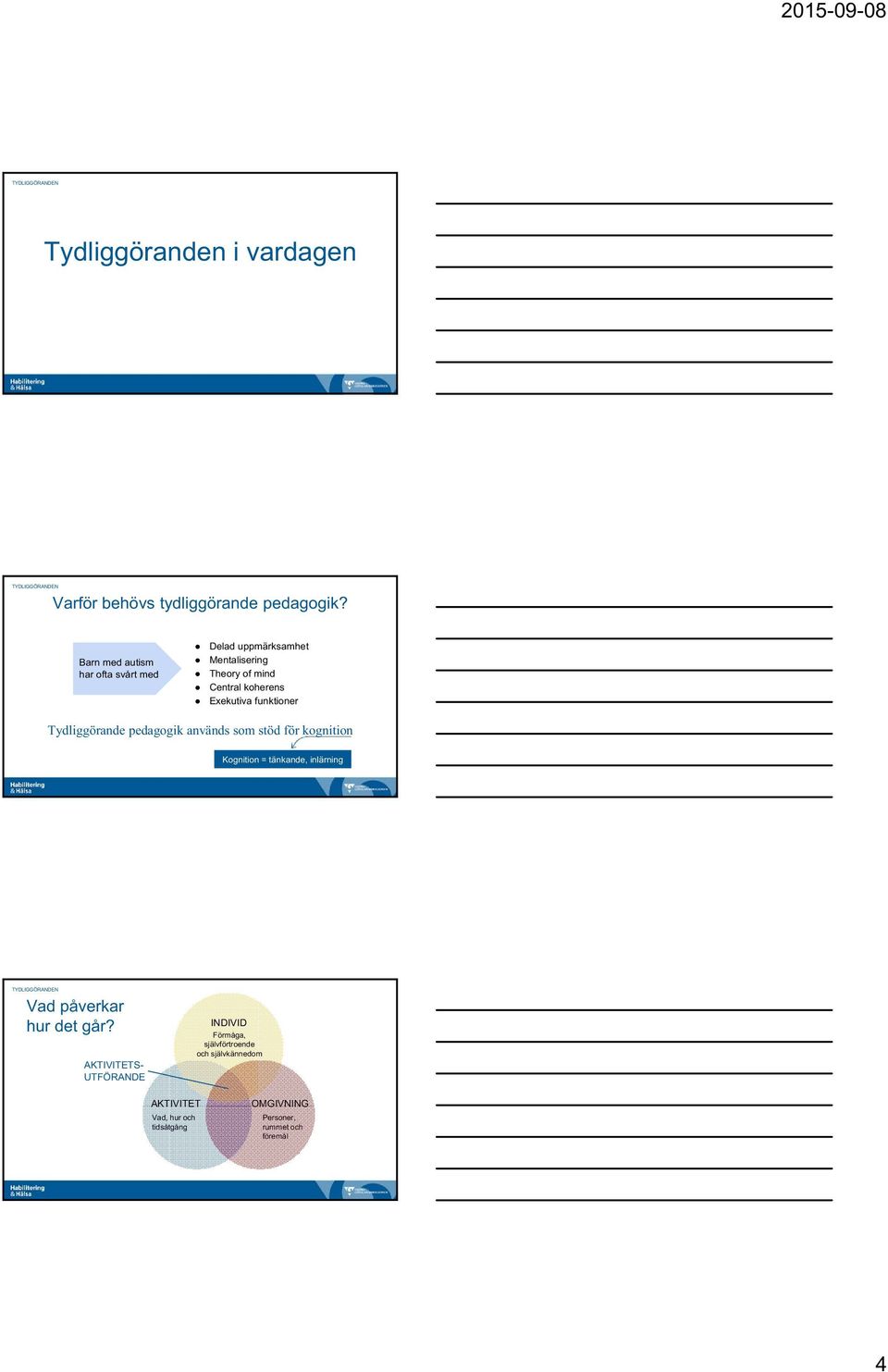 funktioner Tydliggörande pedagogik används som stöd för kognition Kognition = tänkande, inlärning Vad påverkar