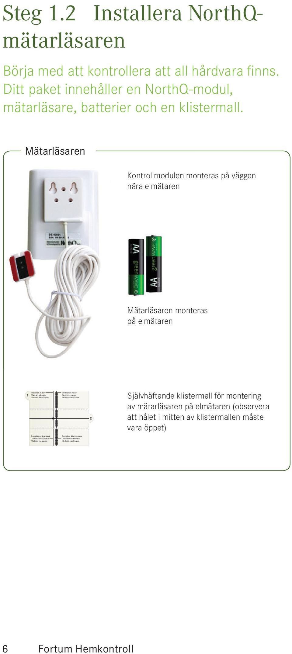 Compteur électronique Contatore elettronico Medidor electrónico Steg 1.2 Installera NorthQmätarläsaren Börja med att kontrollera att all hårdvara fi nns.