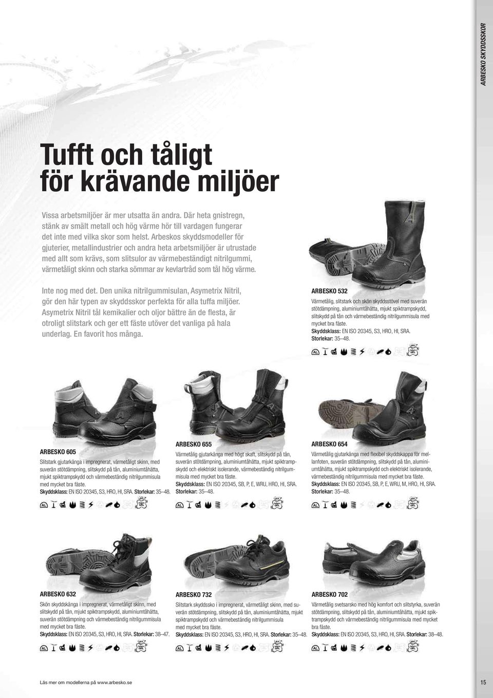Arbeskos skyddsmodeller för gjuterier, metallindustrier och andra heta arbetsmiljöer är utrustade med allt som krävs, som slitsulor av värmebeständigt nitrilgummi, värmetåligt skinn och starka sömmar