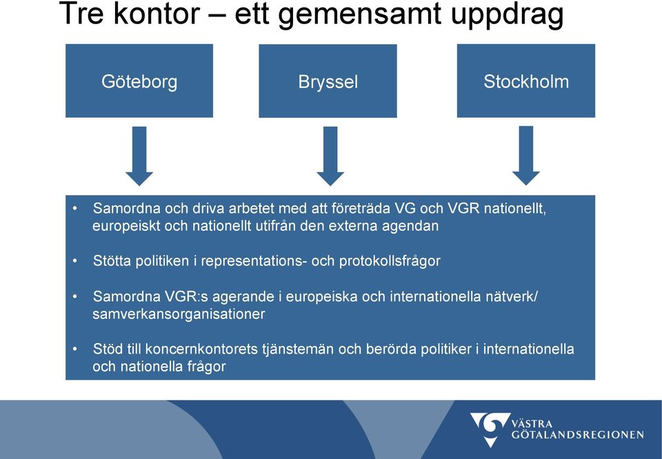 representations- och protokollsfrågor Samordna VGR:s agerande i europeiska och internationella nätverk/