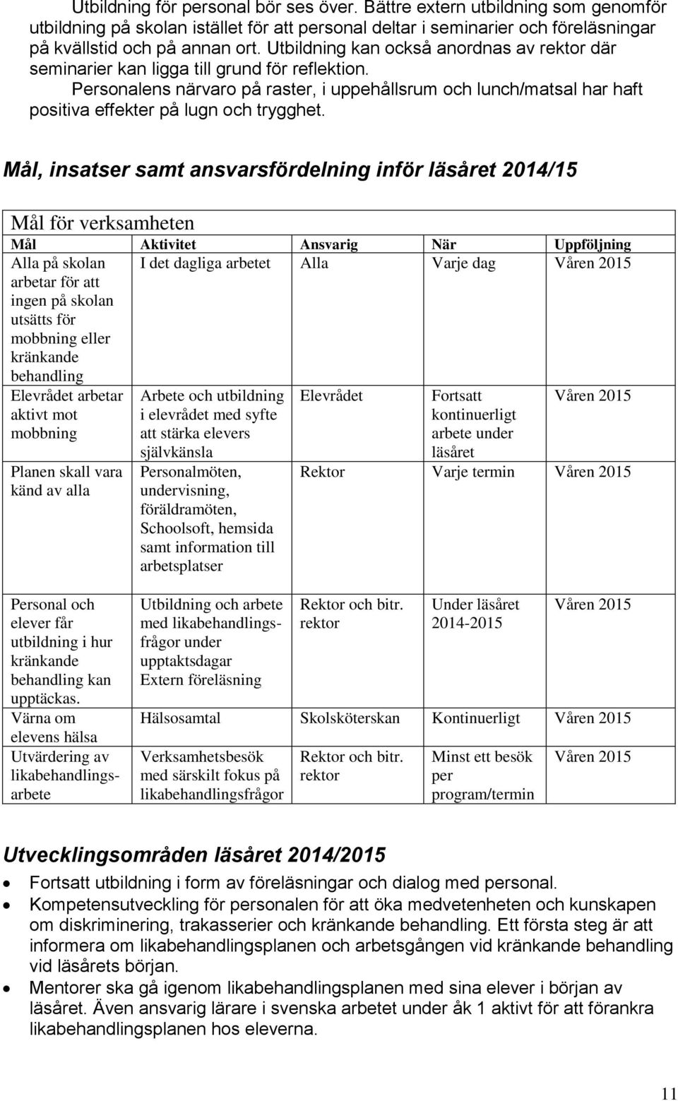 Personalens närvaro på raster, i uppehållsrum och lunch/matsal har haft positiva effekter på lugn och trygghet.