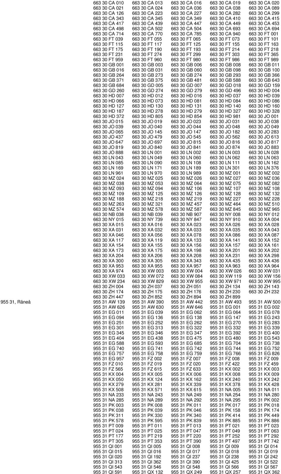 CA 693 663 30 CA 694 663 30 CA 714 663 30 CA 770 663 30 CA 785 663 30 CA 940 663 30 FT 001 663 30 FT 039 663 30 FT 055 663 30 FT 065 663 30 FT 073 663 30 FT 101 663 30 FT 115 663 30 FT 117 663 30 FT