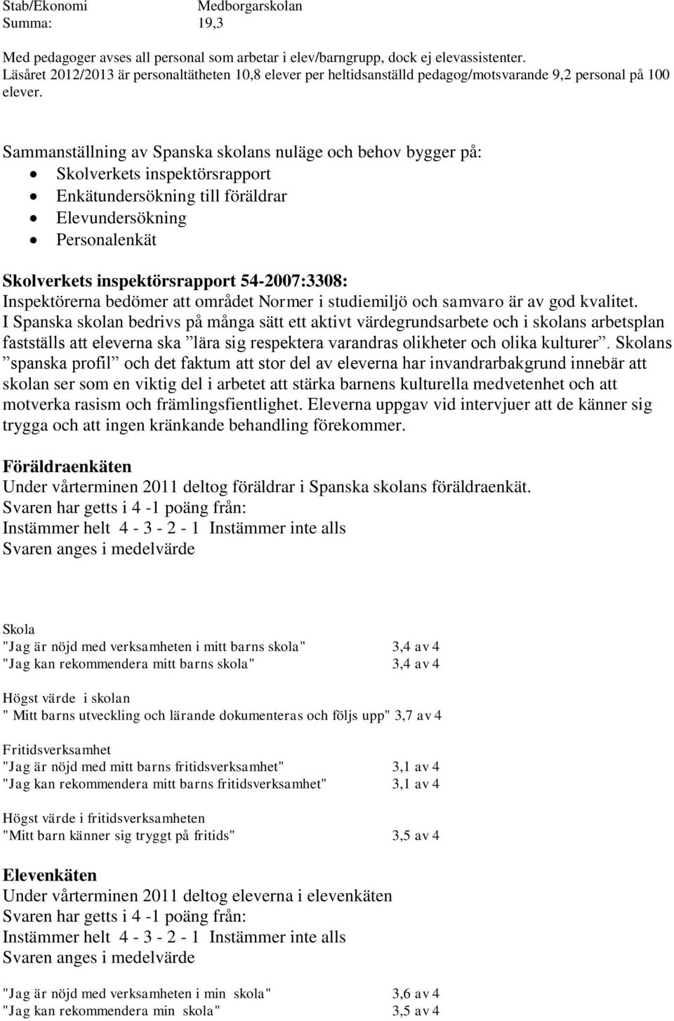 Sammanställning av Spanska skolans nuläge och behov bygger på: Skolverkets inspektörsrapport Enkätundersökning till föräldrar Elevundersökning Personalenkät Skolverkets inspektörsrapport