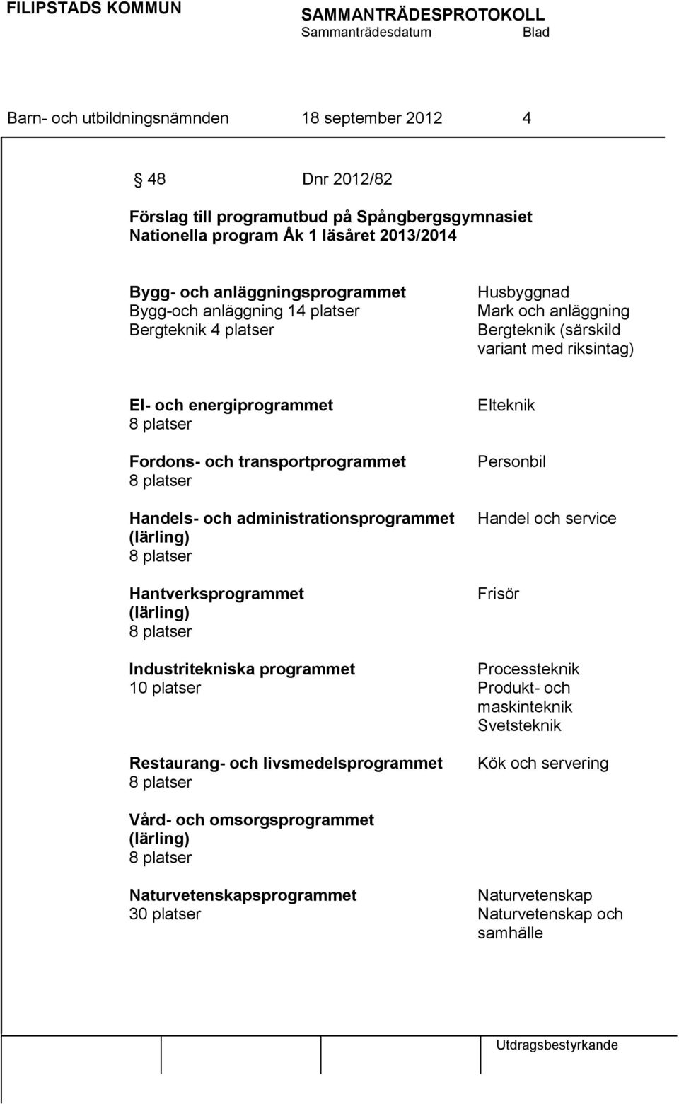 Handels- och administrationsprogrammet (lärling) Hantverksprogrammet (lärling) Elteknik Personbil Handel och service Frisör Industritekniska programmet Processteknik 10 platser Produkt- och