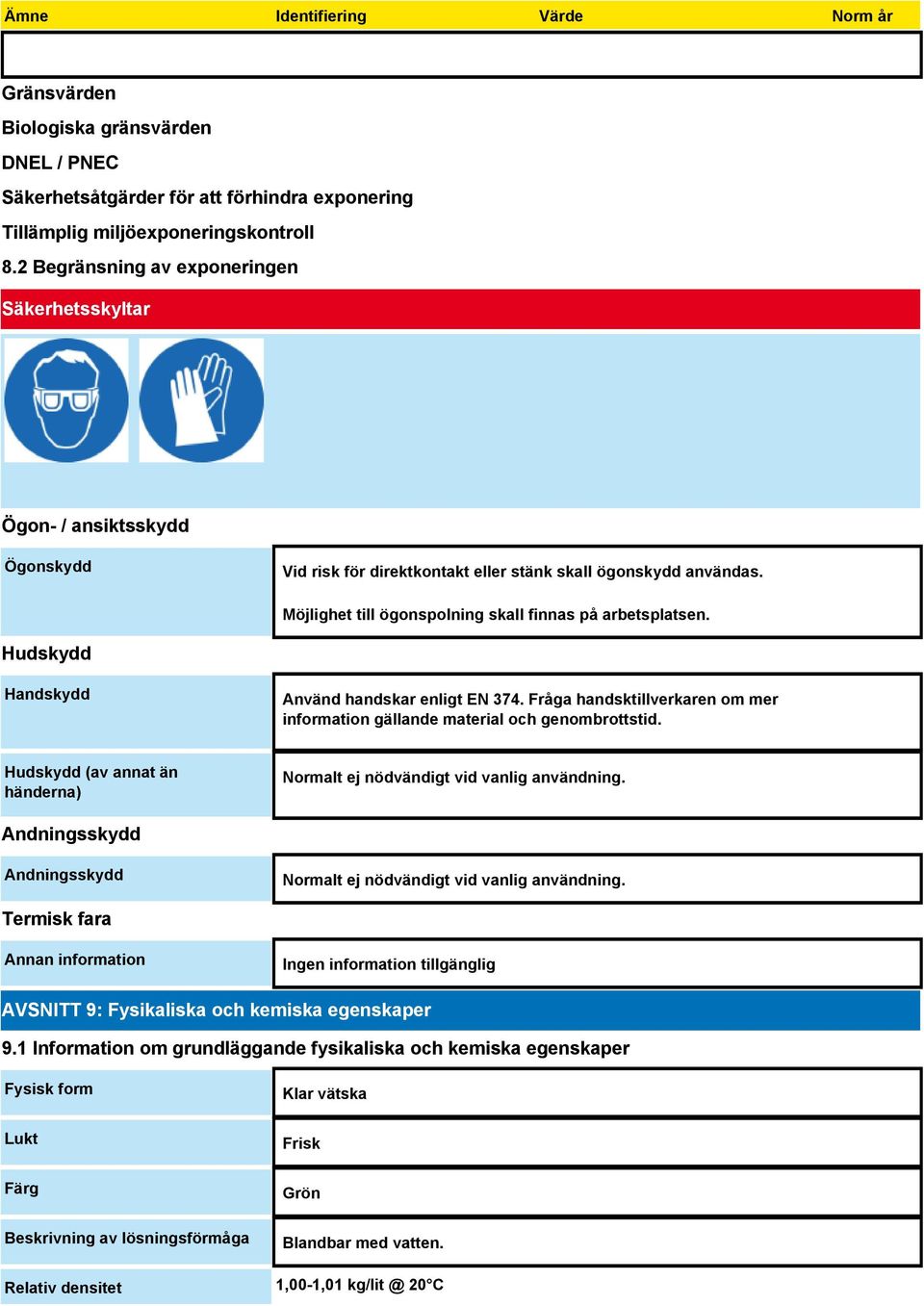 Möjlighet till ögonspolning skall finnas på arbetsplatsen. Hudskydd Handskydd Använd handskar enligt EN 374. Fråga handsktillverkaren om mer information gällande material och genombrottstid.