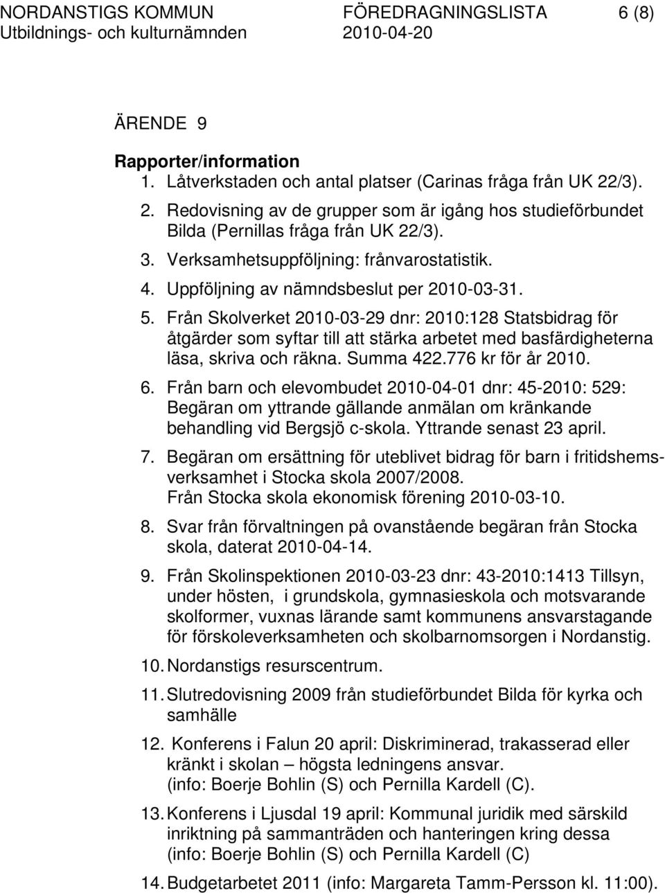 Från Skolverket 2010-03-29 dnr: 2010:128 Statsbidrag för åtgärder som syftar till att stärka arbetet med basfärdigheterna läsa, skriva och räkna. Summa 422.776 kr för år 2010. 6.