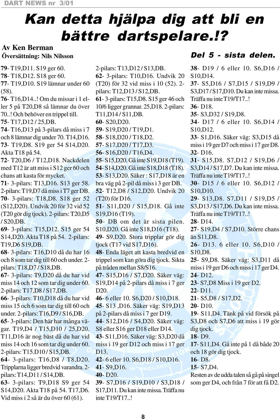S19 ger 54 S14,D20. Akta T18 på 54. 72- T20,D6 / T12,D18. Nackdelen med T12 är att miss i S12 ger 60 och chans att kasta för mycket. 71-3-pilars: T13,D16. S13 ger 58.