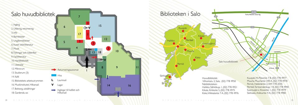 Garderob, wc 6 5 4 Returneringsautomat Hiss Laurinsali Lager 7 17 Ingångar till kaféet och Hilkansali 2 2 V 2 L 1 3 13 15 12 3 18 V 8 14 10 9 16 11 Biblioteken i Salo Särkisalo Halikko Kuusjoki Salo