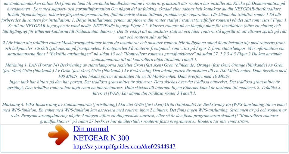 Behåll förpackningen, inklusive förpackningsmaterialet, ifall du måste skicka tillbaka produkten för reparation. Lär känna din trådlösa router 1 Så här förbereder du routern för installation: 1.