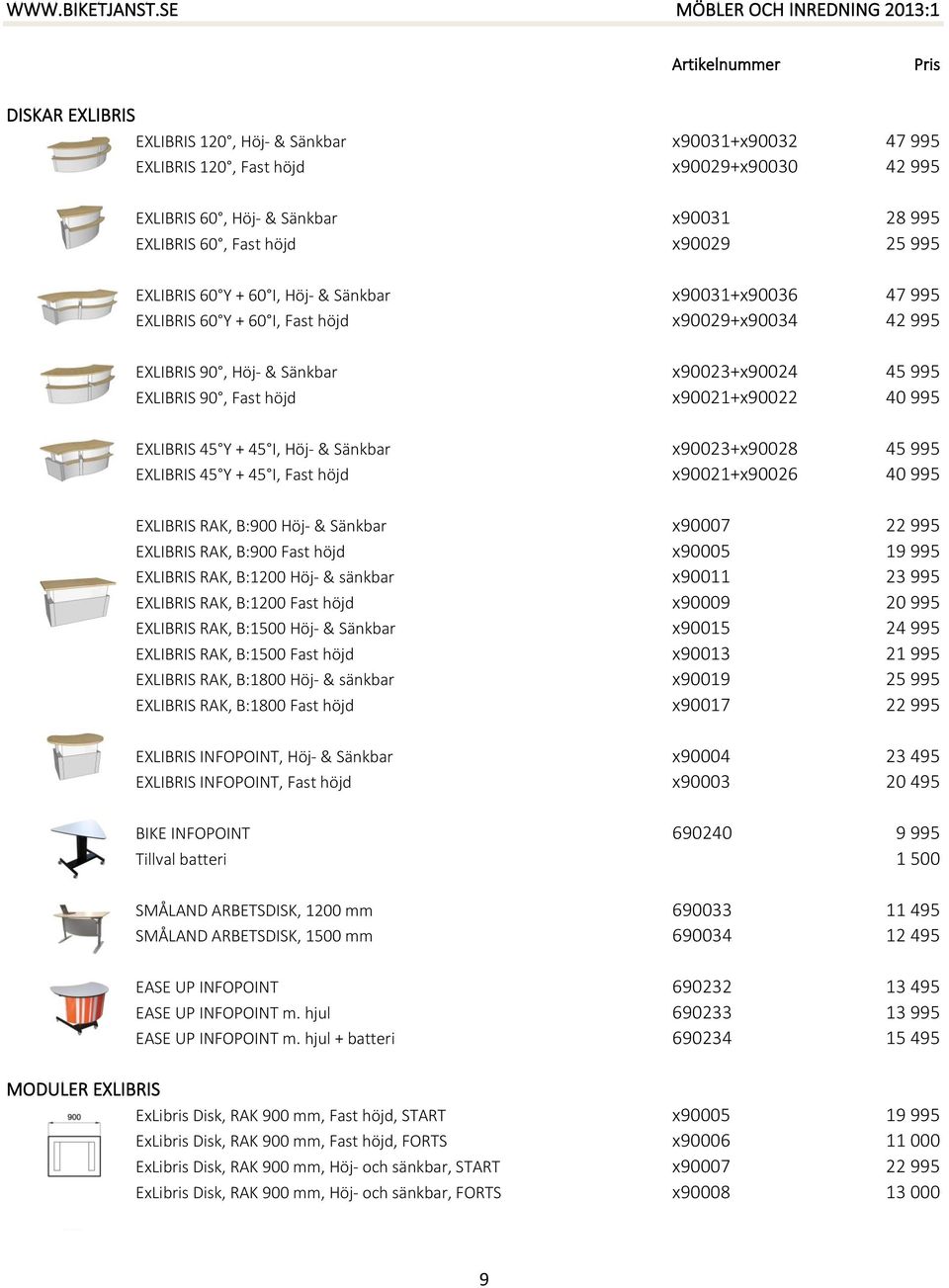 EXLIBRIS 45 Y + 45 I, Höj- & Sänkbar x90023+x90028 45 995 EXLIBRIS 45 Y + 45 I, Fast höjd x90021+x90026 40 995 EXLIBRIS RAK, B:900 Höj- & Sänkbar x90007 22 995 EXLIBRIS RAK, B:900 Fast höjd x90005 19