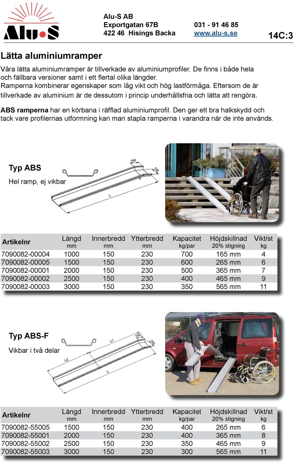 ABS ramperna har en körbana i räfflad aluminiumprofil. Den ger ett bra halkskydd och tack vare profilernas utformning kan man stapla ramperna i varandra när de inte används.
