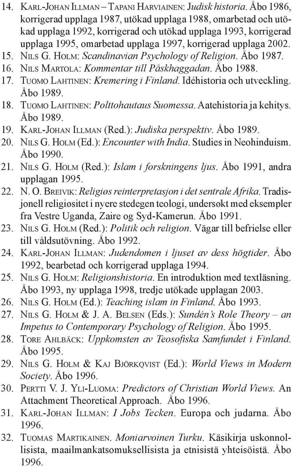 15. NILS G. HOLM: Scandinavian Psychology of Religion. Åbo 1987. 16. NILS MARTOLA: Kommentar till Påskhaggadan. Åbo 1988. 17. TUOMO LAHTINEN: Kremering i Finland. Idéhistoria och utveckling. Åbo 1989.