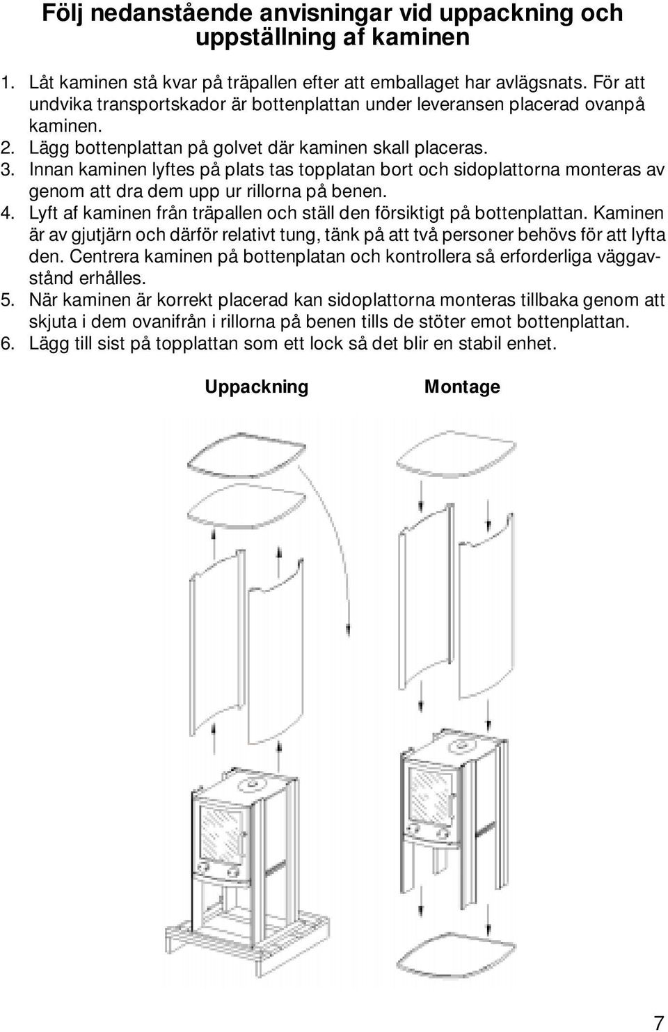 Innan kaminen lyftes på plats tas topplatan bort och sidoplattorna monteras av genom att dra dem upp ur rillorna på benen. 4. Lyft af kaminen från träpallen och ställ den försiktigt på bottenplattan.