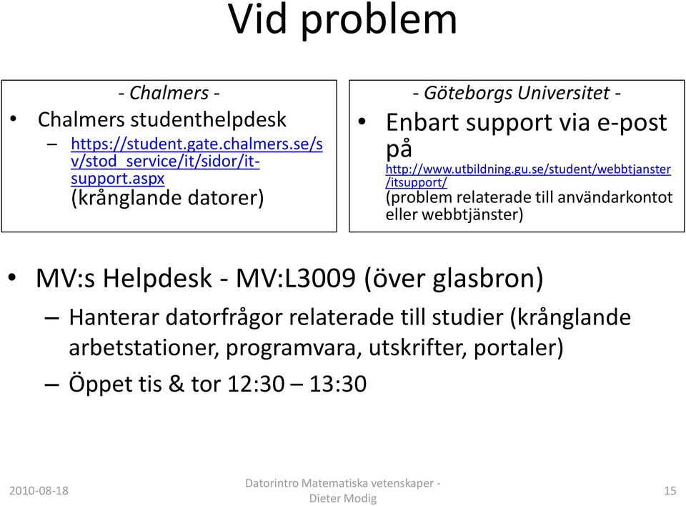 se/student/webbtjanster /itsupport/ (problem relaterade till användarkontot eller webbtjänster) MV:s Helpdesk - MV:L3009 (över