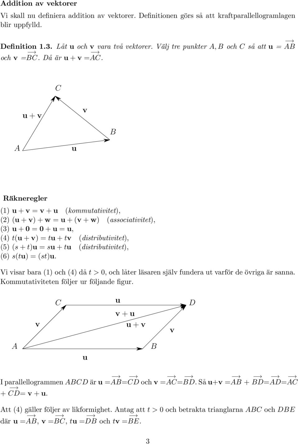 C u + v v B A u Räkneregler (1) u + v = v + u (kommutativitet), (2) (u + v) + w = u + (v + w) (associativitet), (3) u + 0 = 0 + u = u, (4) t(u + v) = tu + tv (distributivitet), (5) (s + t)u = su + tu