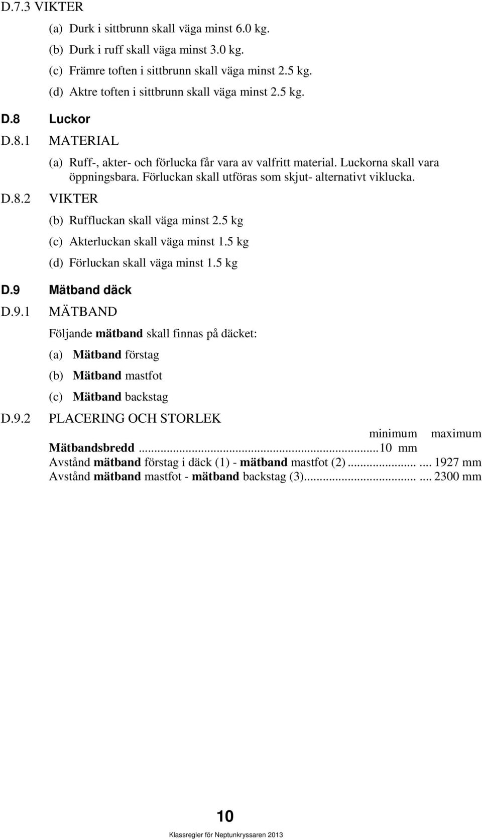 Förluckan skall utföras som skjut- alternativt viklucka. VIKTER (b) Ruffluckan skall väga minst 2.5 kg (c) Akterluckan skall väga minst 1.5 kg (d) Förluckan skall väga minst 1.5 kg D.9 Mätband däck D.