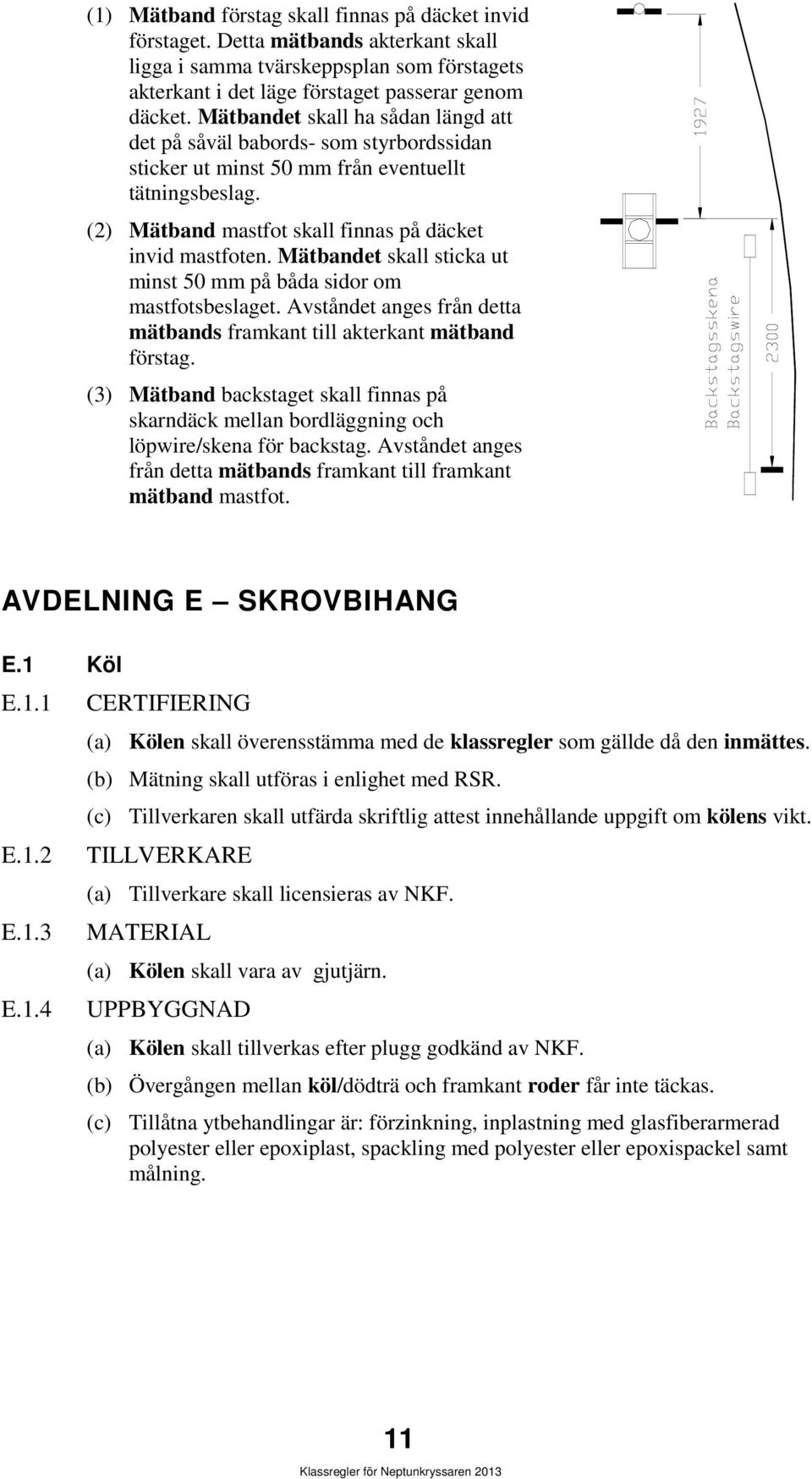 Mätbandet skall sticka ut minst 50 mm på båda sidor om mastfotsbeslaget. Avståndet anges från detta mätbands framkant till akterkant mätband förstag.