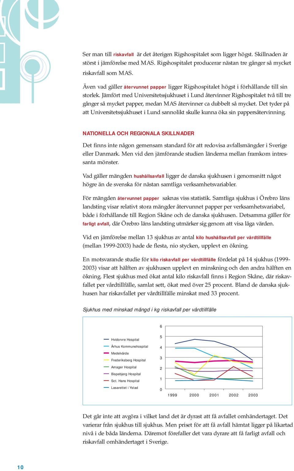 Jämfört med Universitetssjukhuset i Lund återvinner Rigshospitalet två till tre gånger så mycket papper, medan MAS återvinner ca dubbelt så mycket.