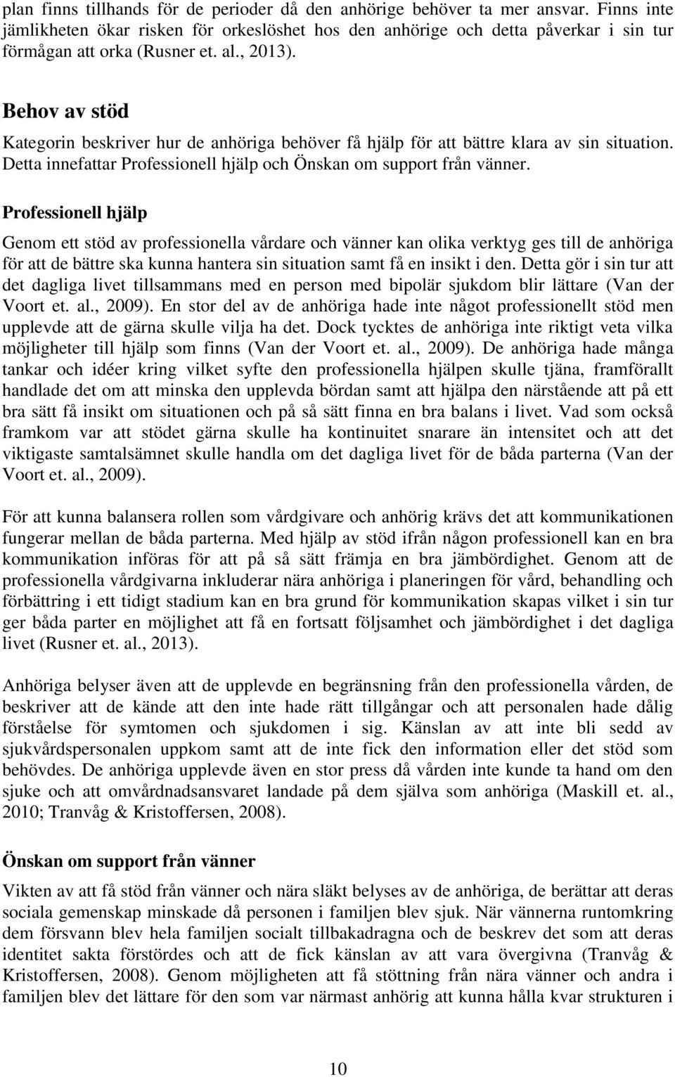 Behov av stöd Kategorin beskriver hur de anhöriga behöver få hjälp för att bättre klara av sin situation. Detta innefattar Professionell hjälp och Önskan om support från vänner.