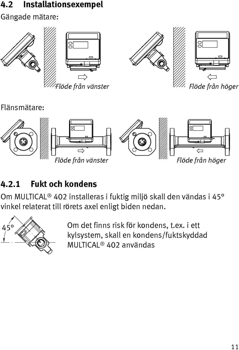 1 Fukt och kondens Om MULTICAL 402 installeras i fuktig miljö skall den vändas i 45 vinkel