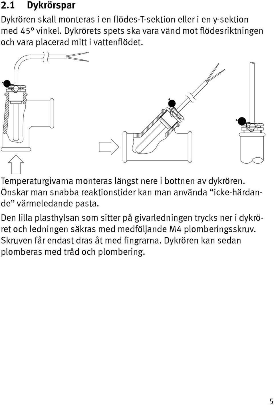 Temperaturgivarna monteras längst nere i bottnen av dykrören.