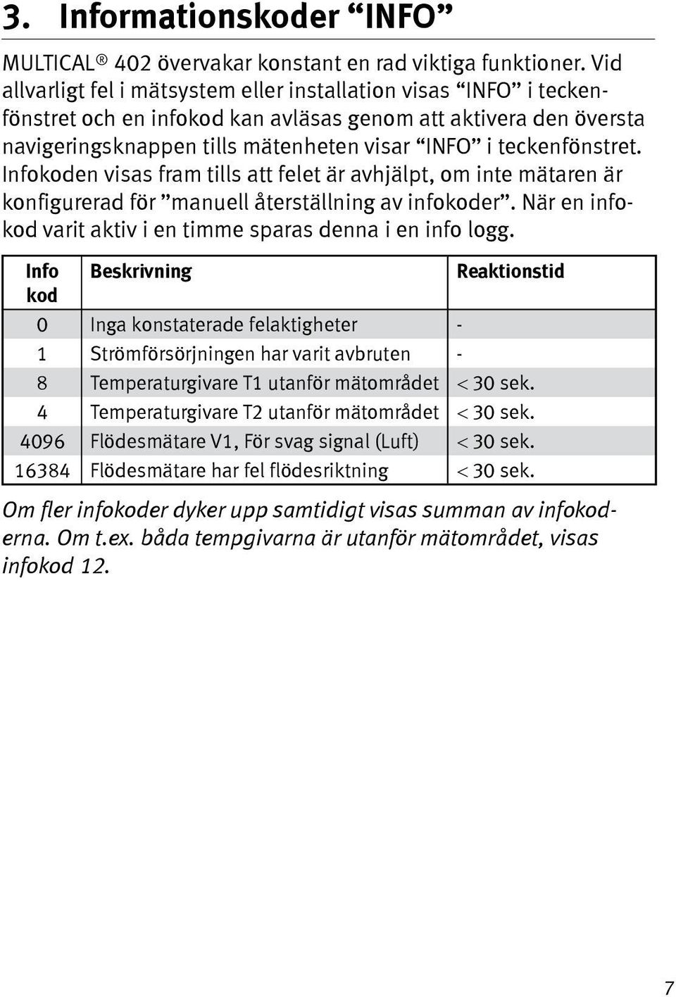 Infokoden visas fram tills att felet är avhjälpt, om inte mätaren är konfigurerad för manuell återställning av infokoder. När en infokod varit aktiv i en timme sparas denna i en info logg.