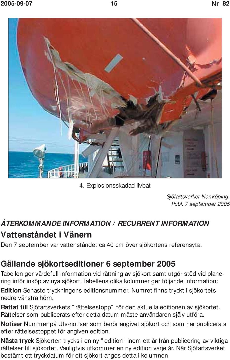 Gällande sjökortseditioner 6 september 2005 Tabellen ger värdefull information vid rättning av sjökort samt utgör stöd vid planering inför inköp av nya sjökort.