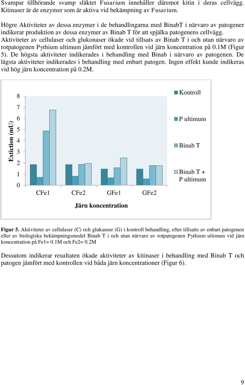 Aktiviteter av cellulaser och glukonaser ökade vid tillsats av Binab T i och utan närvaro av rotpatogenen Pythium ultimum jämfört med kontrollen vid järn koncentration på.1m (Figur 5).