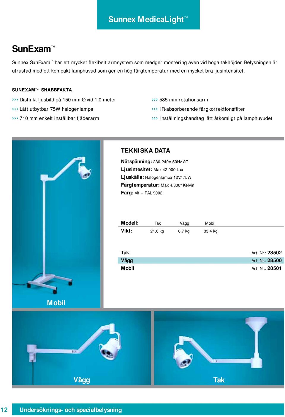 SUNEXAM TM SNABBFAKTA Distinkt ljusbild på 150 mm Ø vid 1,0 meter Lätt utbytbar 75W halogenlampa 710 mm enkelt inställbar fjäderarm 585 mm rotationsarm IR-absorberande färgkorrektionsfilter