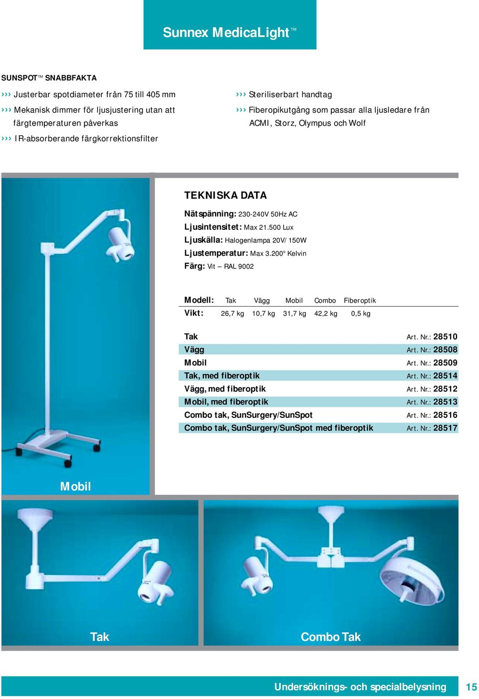 500 Lux Ljuskälla: Halogenlampa 20V/150W Ljustemperatur: Max 3.200 o Kelvin Färg: Vit RAL 9002 Modell: Tak Vägg Mobil Combo Fiberoptik Vikt: 26,7 kg 10,7 kg 31,7 kg 42,2 kg 0,5 kg Tak Art. Nr.