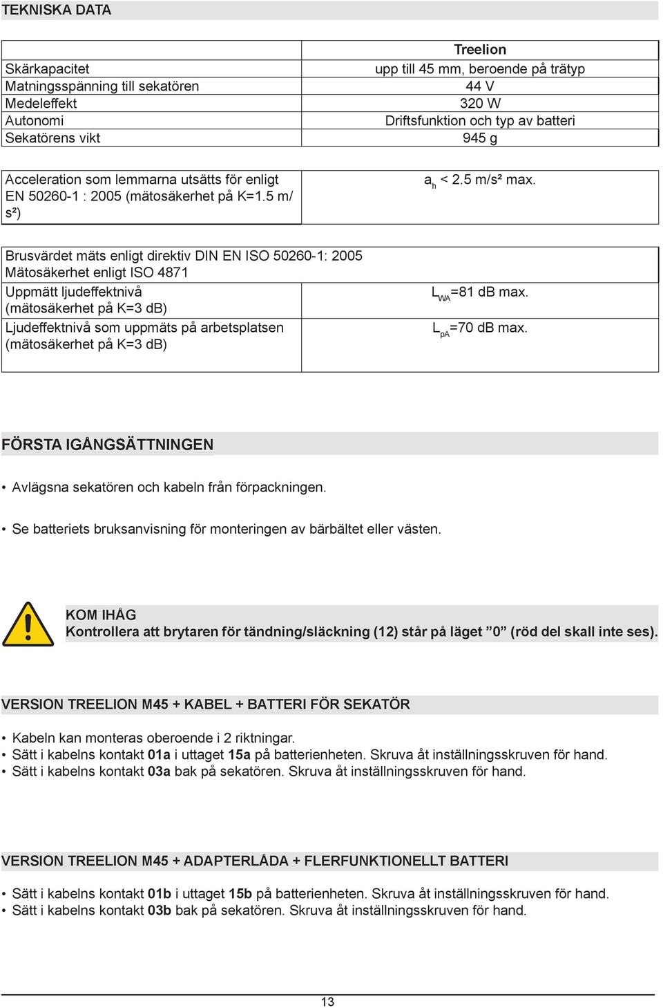 Brusvärdet mäts enligt direktiv DIN EN ISO 50260-1: 2005 Mätosäkerhet enligt ISO 4871 Uppmätt ljudeffektnivå (mätosäkerhet på K=3 db) Ljudeffektnivå som uppmäts på arbetsplatsen (mätosäkerhet på K=3