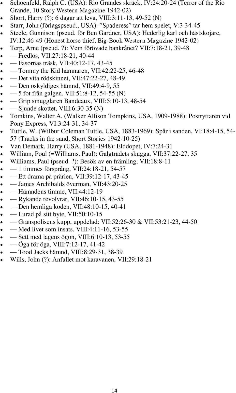 för Ben Gardner, USA): Hederlig karl och hästskojare, IV:12:46-49 (Honest horse thief, Big-Book Western Magazine 1942-02) Terp, Arne (pseud.?): Vem förövade bankrånet?
