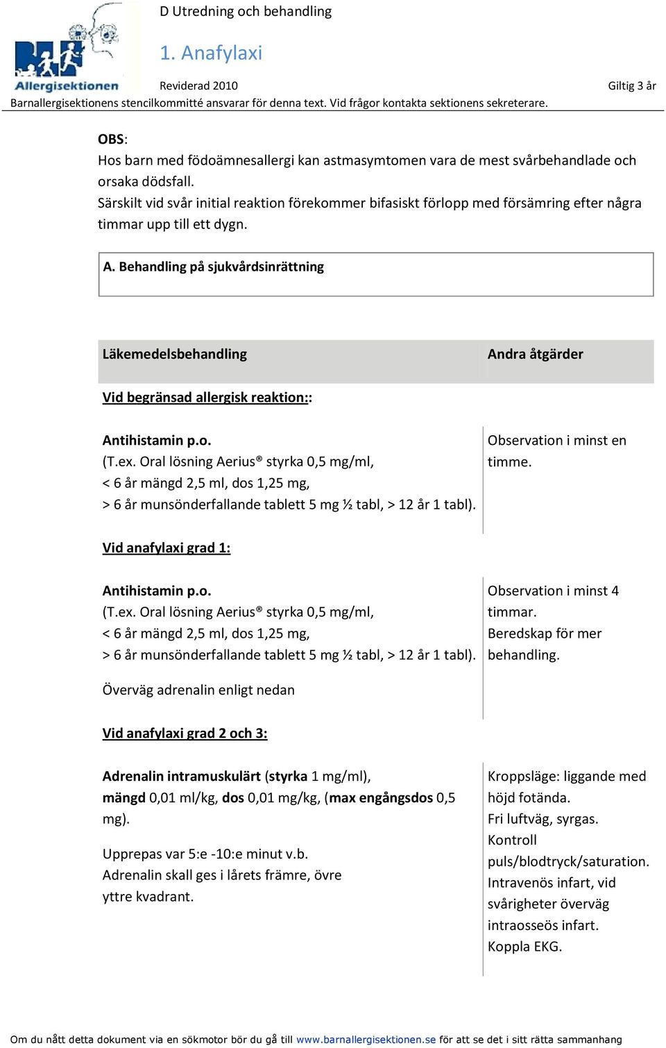 Behandling på sjukvårdsinrättning Läkemedelsbehandling Andra åtgärder Vid begränsad allergisk reaktion:: Antihistamin p.o. (T.ex.