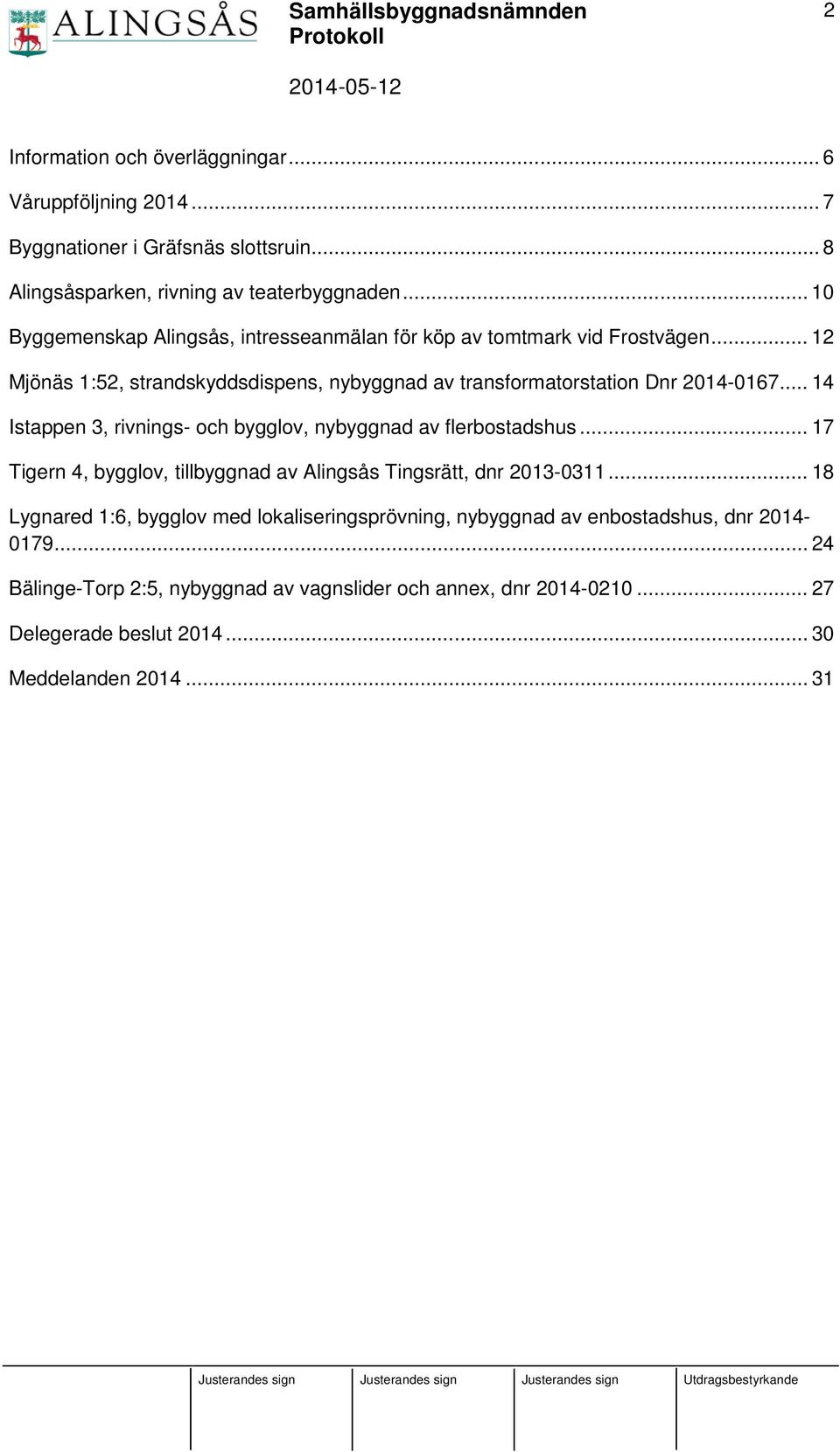 .. 14 Istappen 3, rivnings- och bygglov, nybyggnad av flerbostadshus... 17 Tigern 4, bygglov, tillbyggnad av Alingsås Tingsrätt, dnr 2013-0311.