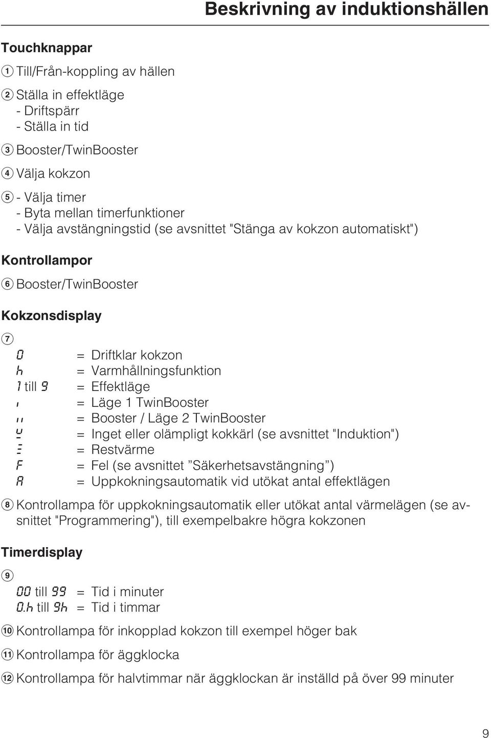 Läge 1 TwinBooster h = Booster / Läge 2 TwinBooster ß = Inget eller olämpligt kokkärl (se avsnittet "Induktion") # = Restvärme F = Fel (se avsnittet Säkerhetsavstängning ) A = Uppkokningsautomatik