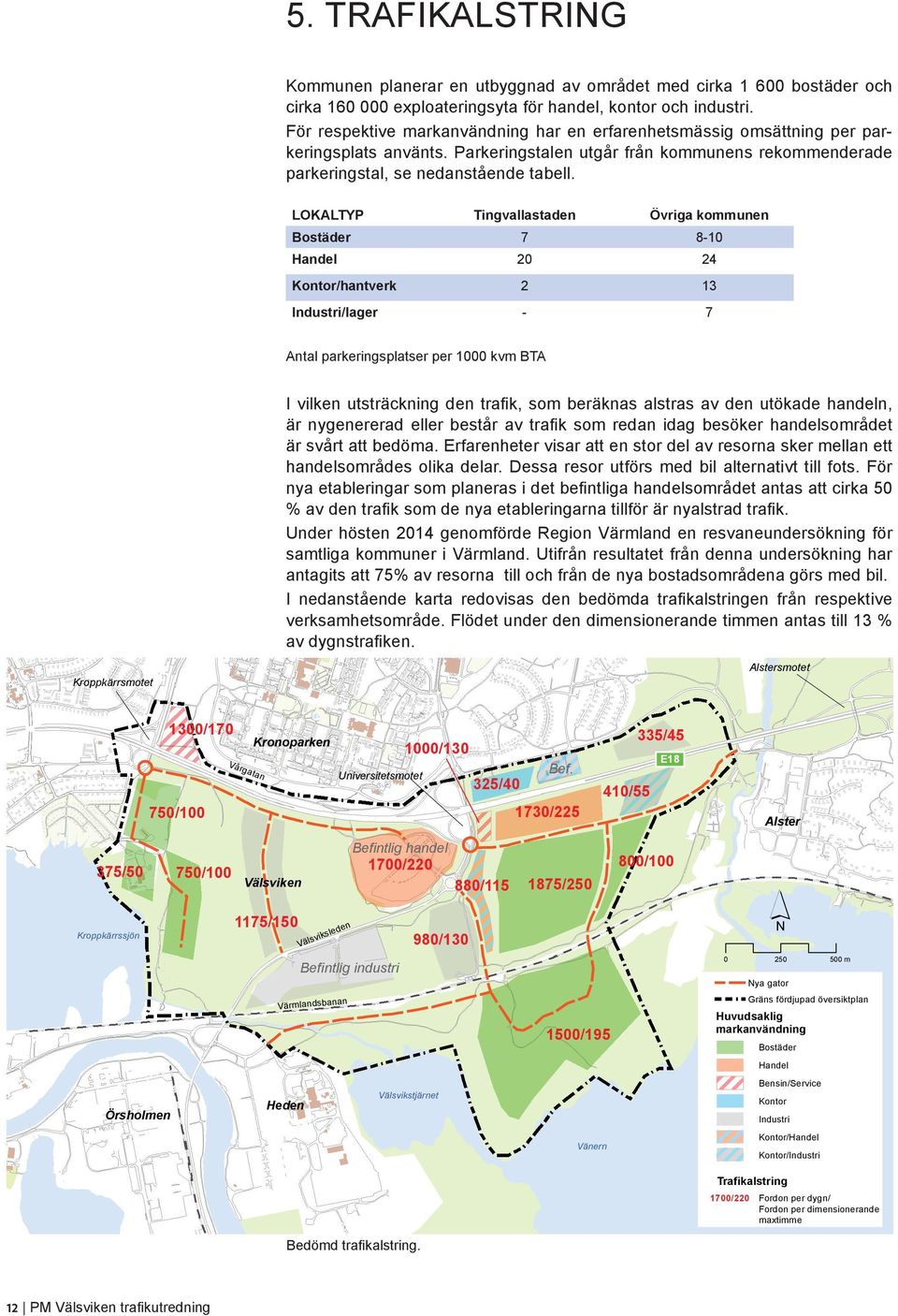 LOKALTYP Tingvallastaden Övriga kommunen Bostäder 7 8-10 Handel 20 24 Kontor/hantverk 2 13 Industri/lager - 7 Antal parkeringsplatser per 1000 kvm BTA I vilken utsträckning den trafik, som beräknas