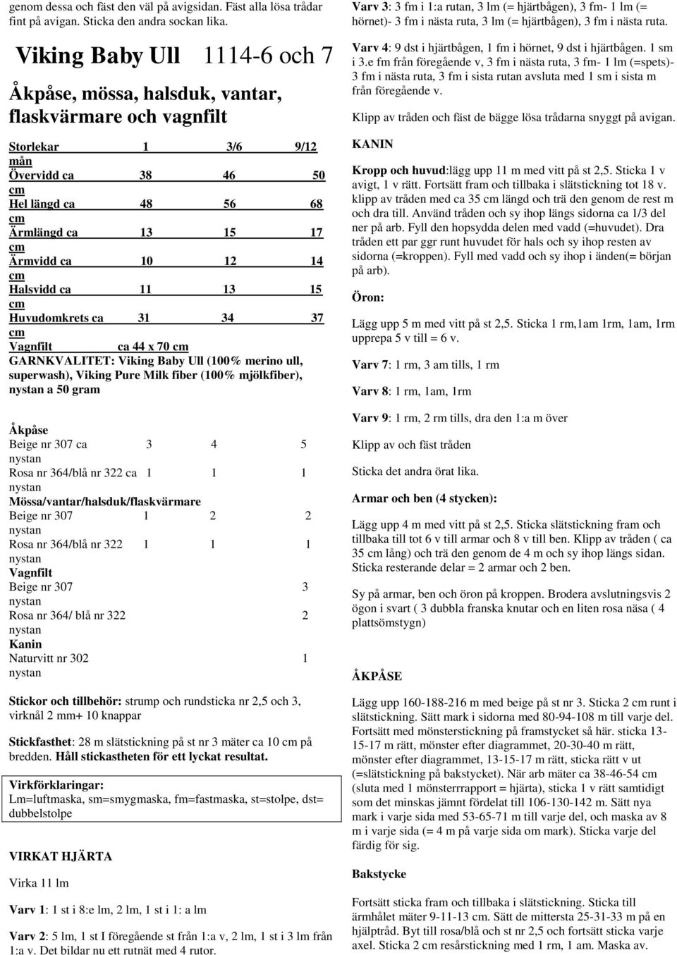 cm Halsidd ca 11 13 15 cm Huudomkrets ca 31 34 37 cm Vagnfilt ca 44 70 cm GARNKVALITET: Viking Baby Ull (100% merino ull, superwash), Viking Pure Milk fiber (100% mjölkfiber), nystan a 50 gram Åkpåse