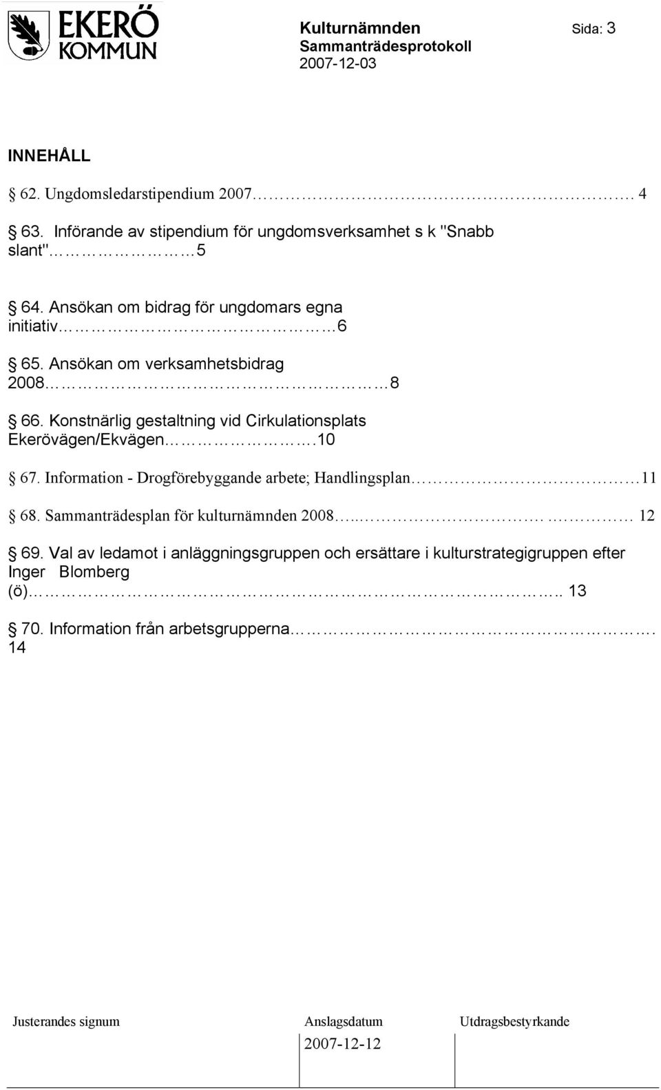 Konstnärlig gestaltning vid Cirkulationsplats Ekerövägen/Ekvägen.10 67. Information - Drogförebyggande arbete; Handlingsplan 11 68.